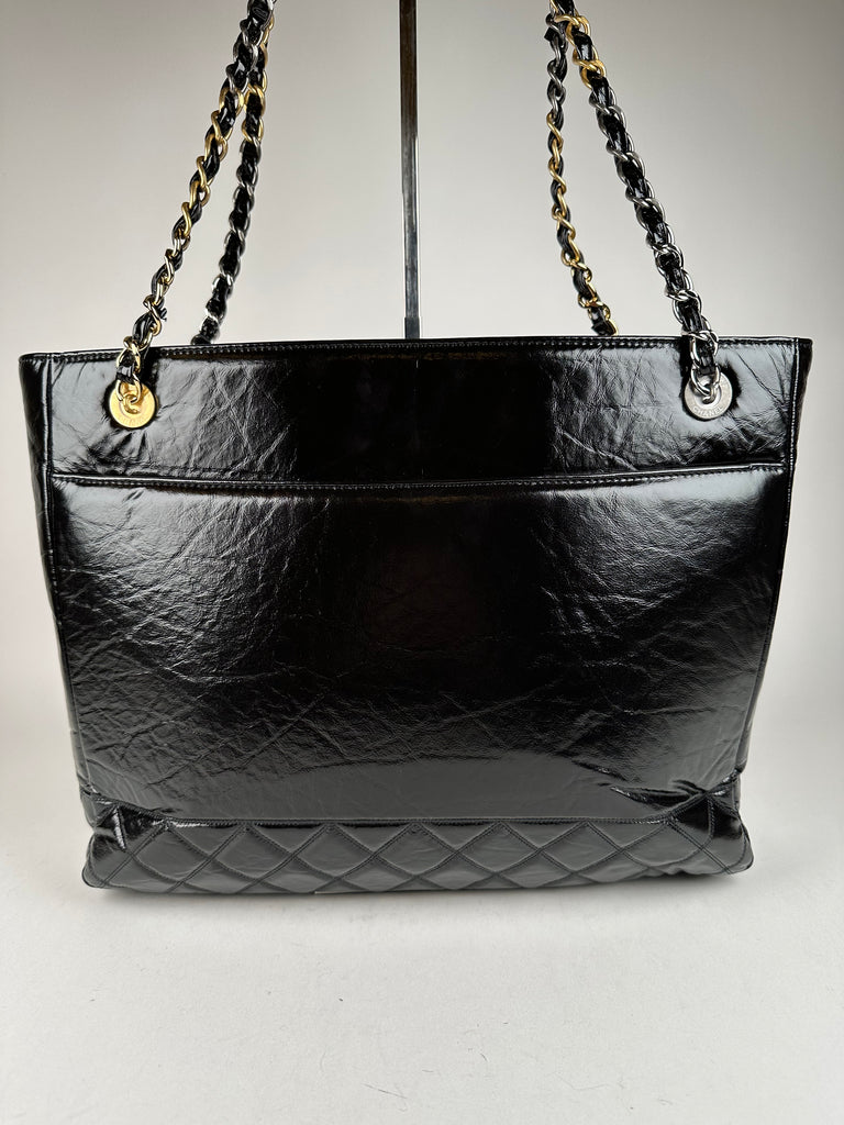 Chanel Shiny Aged Calfskin Quilted Large Shopping Bag Black