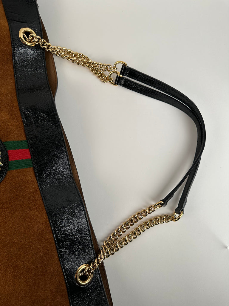 Gucci Suede Patent Maxi Rajah Chain Tote Nocciola Black