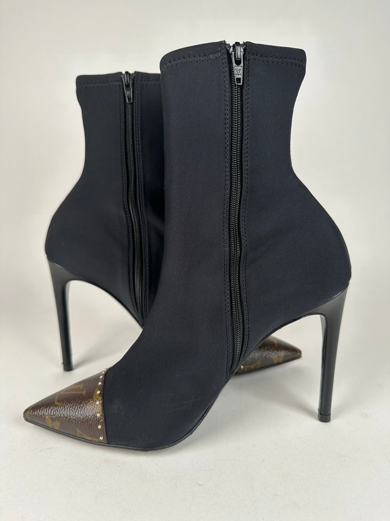 Louis Vuitton Cherie Fabric Heeled Ankle Boots Monogram Black Size 38EU
