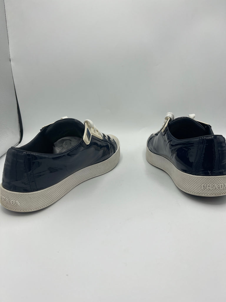 Prada Navy Patent Logo White Toe Cap Sneakers Size 40 EU