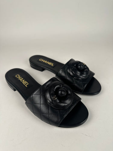 Chanel Camilla Quilted Slides Black Size 38EU