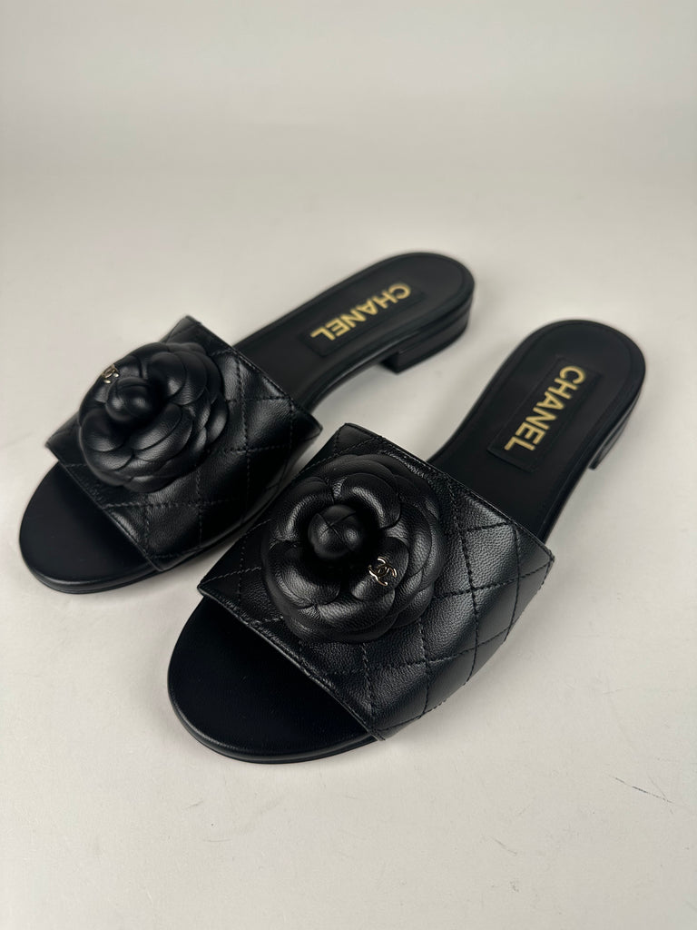 Chanel Camilla Quilted Slides Black Size 38EU