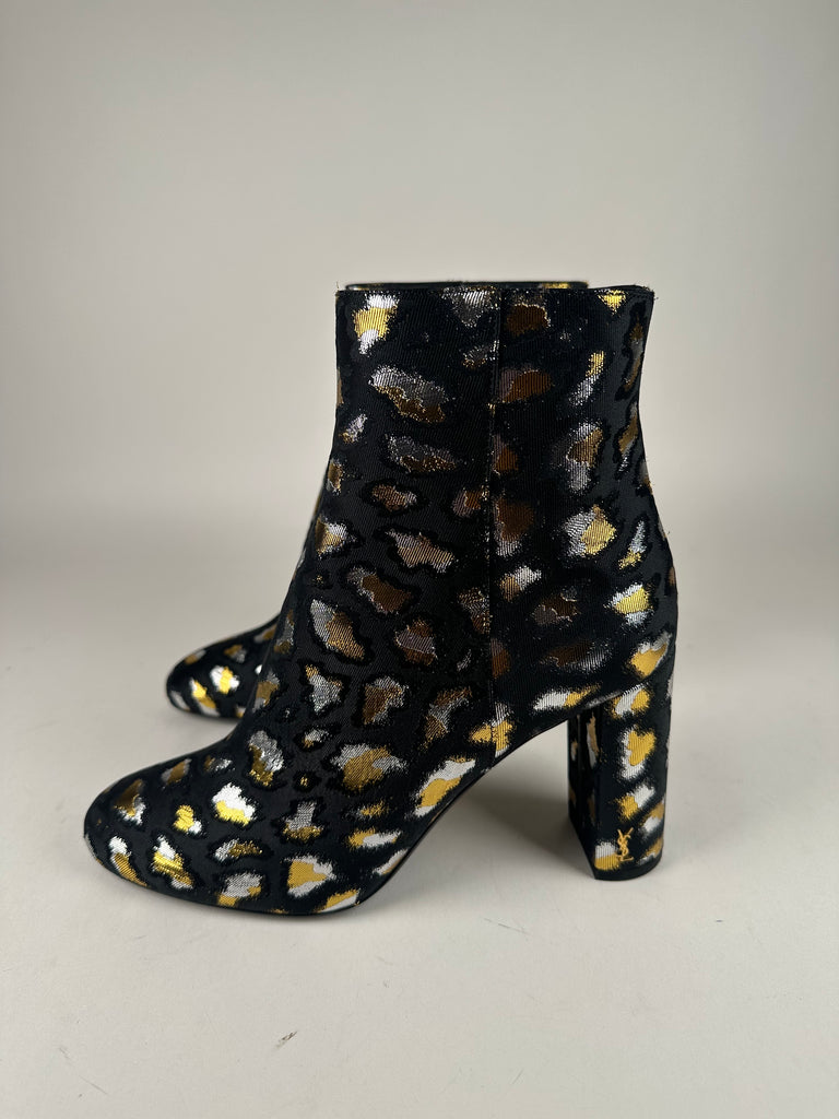 Saint Laurent LouLou Metallic Leopard Jacquard Block Heel Booties size 39EU