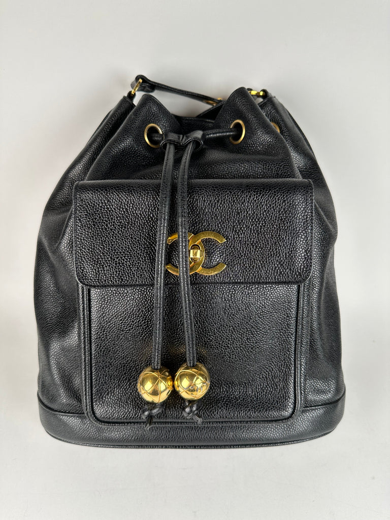 Chanel Vintage Caviar Leather Drawstring Bucket Bag Black