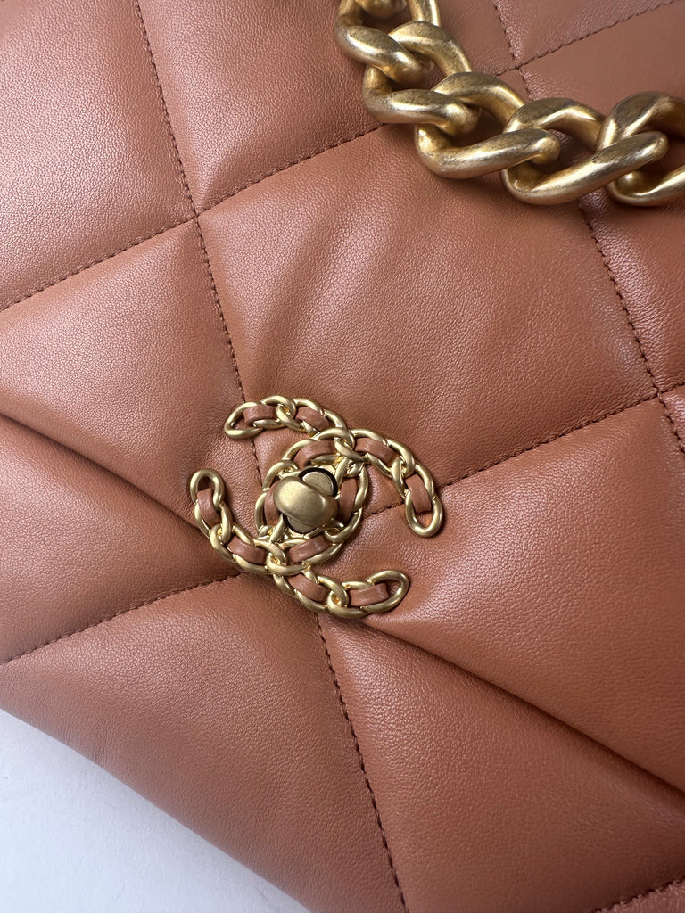 Chanel Lambskin Quilted Maxi Chanel 19 Flap Caramel