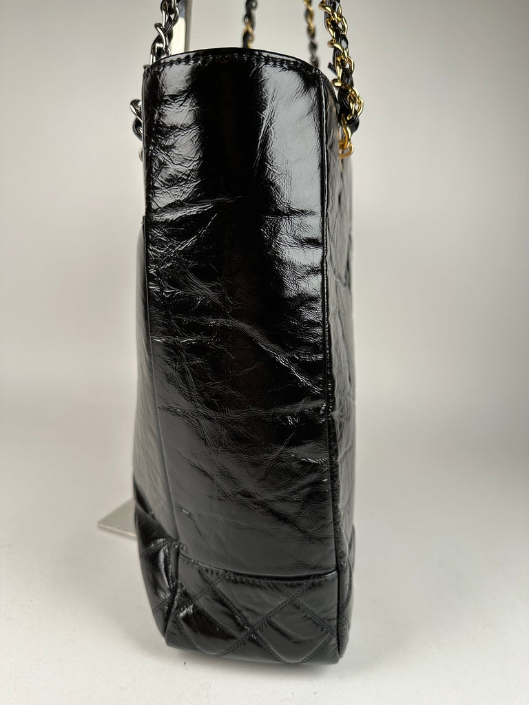 Chanel Shiny Aged Calfskin Quilted Large Shopping Bag Black Sacdelux