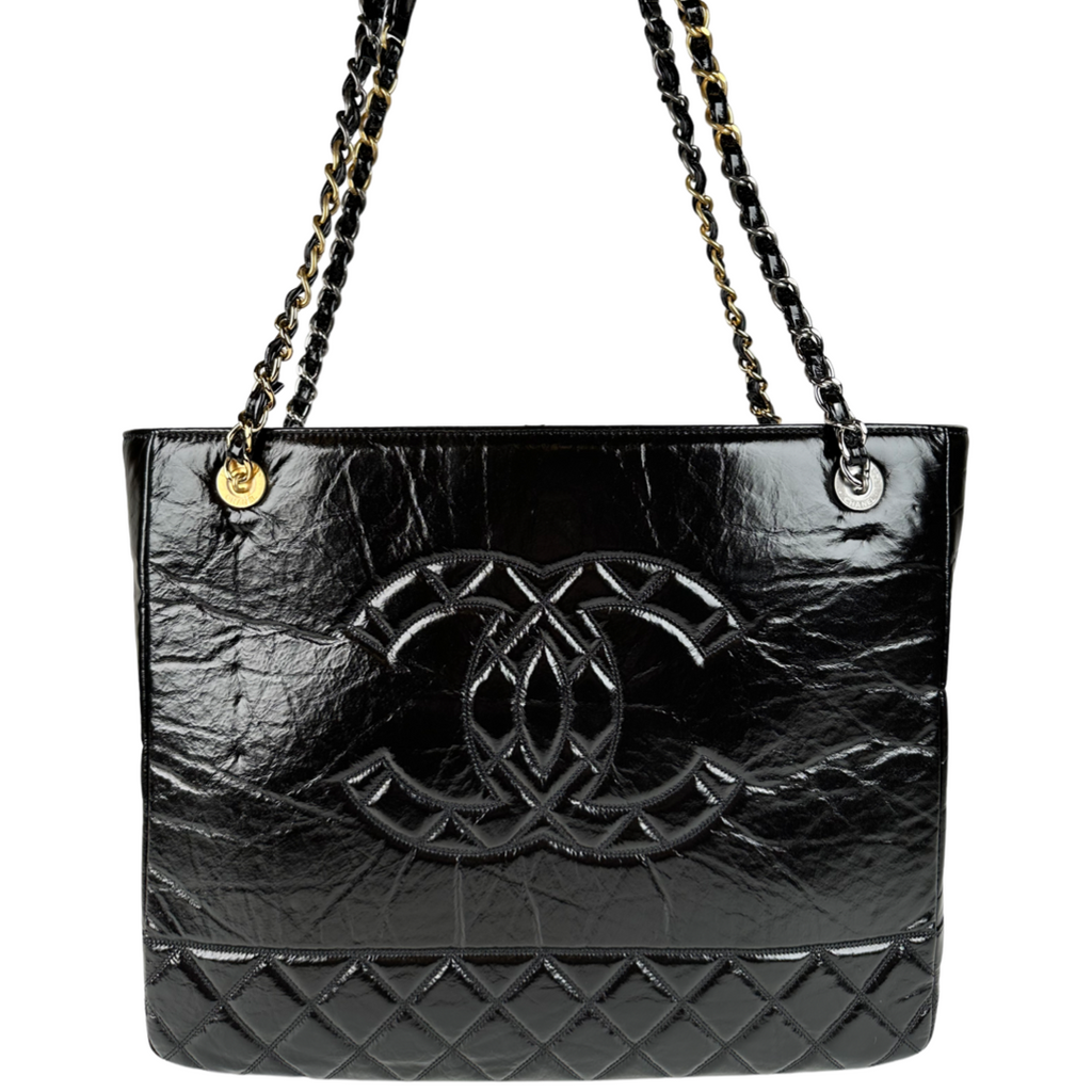 Chanel Shiny Aged Calfskin Quilted Large Shopping Bag Black