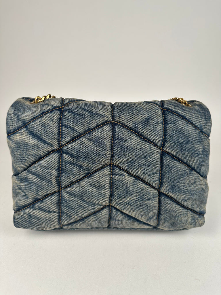 Saint Laurent Denim Quilted Toy Loulou Puffer Monogram Chain Satchel Blue
