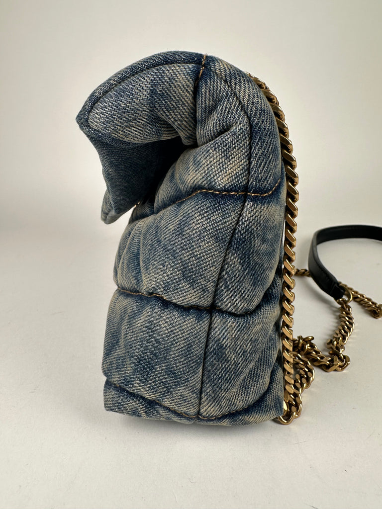 Saint Laurent Denim Quilted Toy Loulou Puffer Monogram Chain Satchel Blue