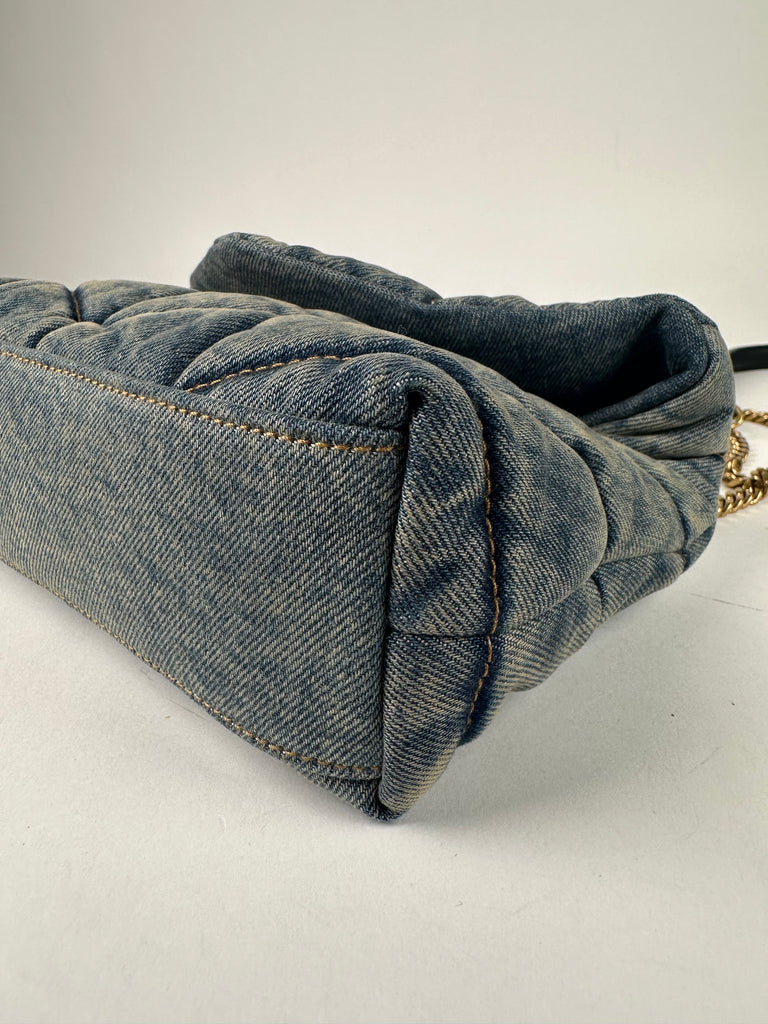 Saint Laurent Denim Quilted Toy Loulou Puffer Monogram Chain Satchel Blue