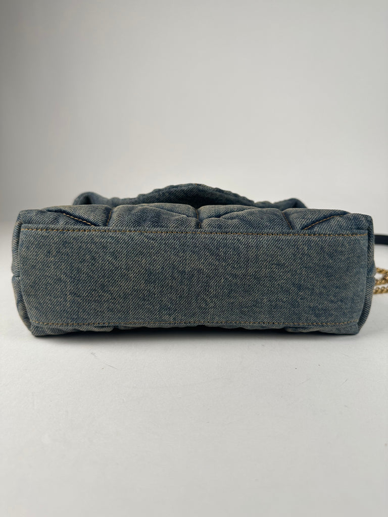 Saint Laurent Denim Quilted Toy Loulou Puffer Monogram Chain Satchel Blue
