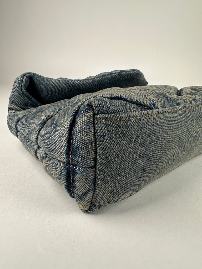 Saint Laurent Denim Quilted Toy Loulou Puffer Monogram Chain Satchel Blue