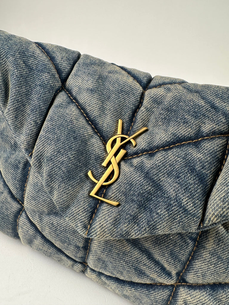 Saint Laurent Denim Quilted Toy Loulou Puffer Monogram Chain Satchel Blue