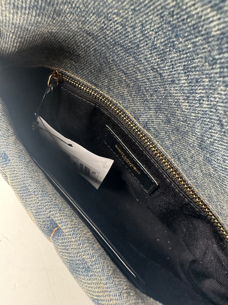 Saint Laurent Denim Quilted Toy Loulou Puffer Monogram Chain Satchel Blue