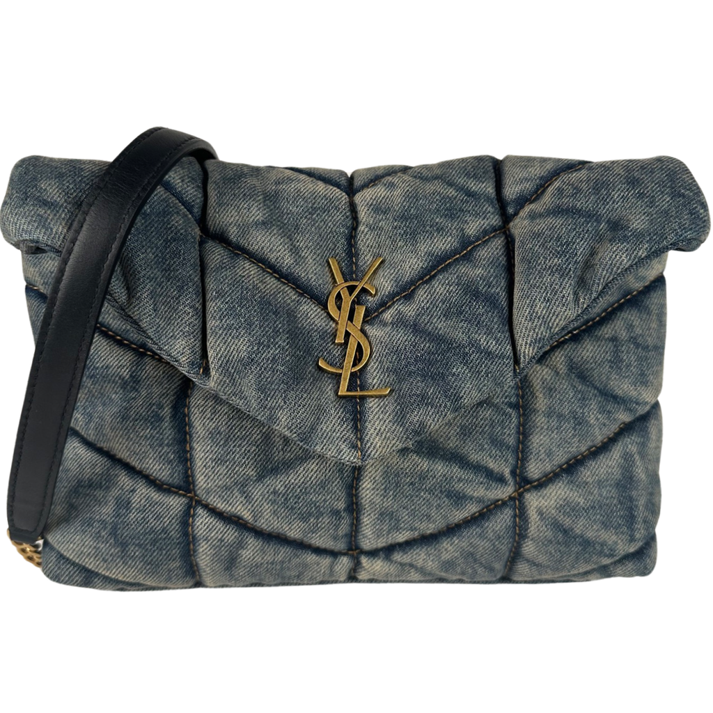 Saint Laurent Denim Quilted Toy Loulou Puffer Monogram Chain Satchel Blue