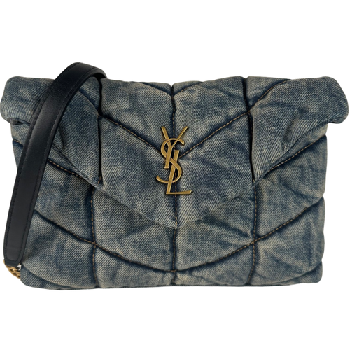 Saint Laurent Denim Quilted Toy Loulou Puffer Monogram Chain Satchel Blue