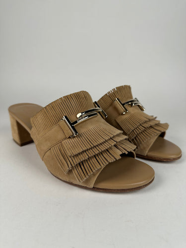 Tods Double T Suede Fringe Sandal Size 37EU Beige