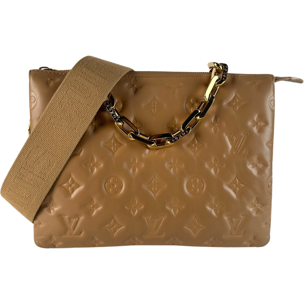 Louis Vuitton Lambskin Embossed Monogram Coussin PM Camel Brown