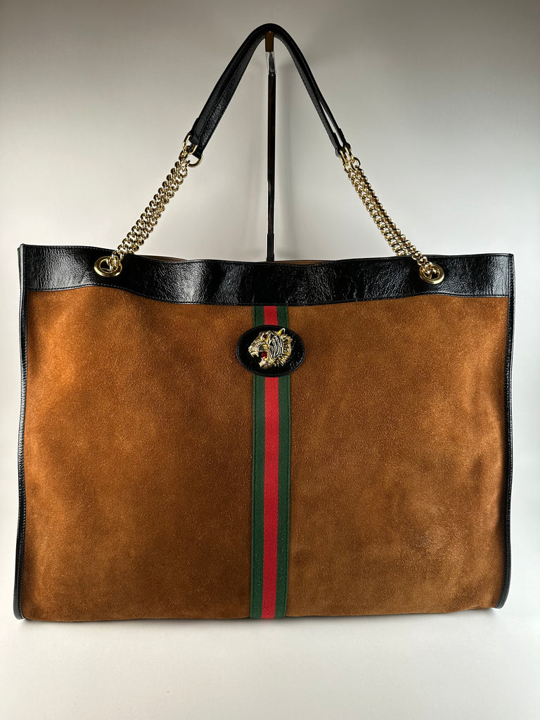 Gucci Suede Patent Maxi Rajah Chain Tote Nocciola Black