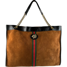 Load image into Gallery viewer, Gucci Suede Patent Maxi Rajah Chain Tote Nocciola Black