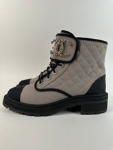 Load image into Gallery viewer, Chanel Fabric Grosgrain Lambskin Quilted Lace Up Combat Boot Grey Size 41EU