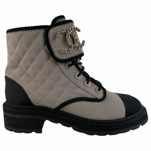 Load image into Gallery viewer, Chanel Fabric Grosgrain Lambskin Quilted Lace Up Combat Boot Grey Size 41EU