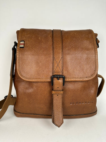 Burberry Haymarket Check Tumbled Leather Crossbody Messenger Caramel Brown