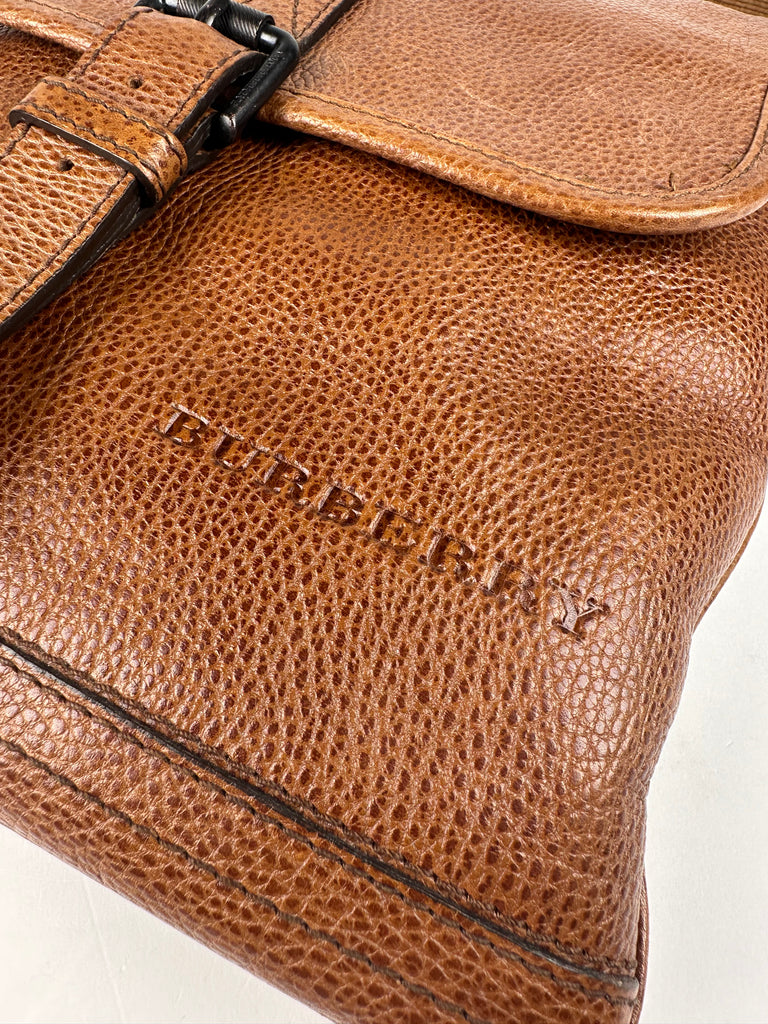 Burberry Haymarket Check Tumbled Leather Crossbody Messenger Caramel Brown