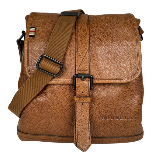 Burberry Haymarket Check Tumbled Leather Crossbody Messenger Caramel Brown