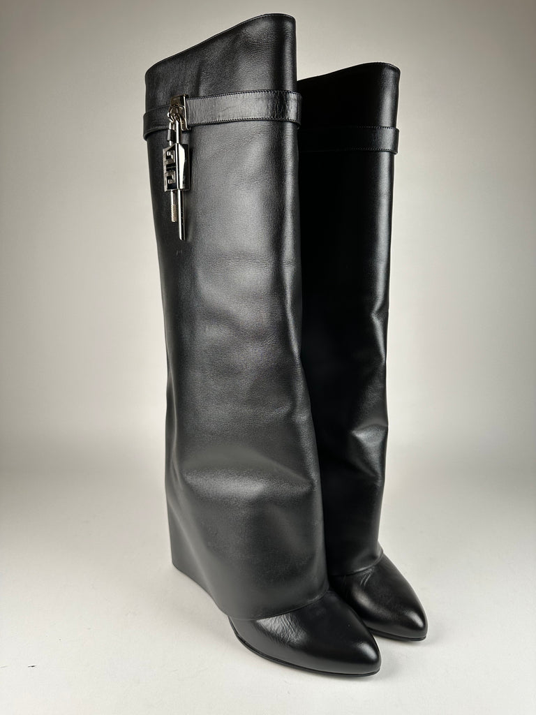 Givenchy Shark Lock Tall Boots Black Leather Size 42EU