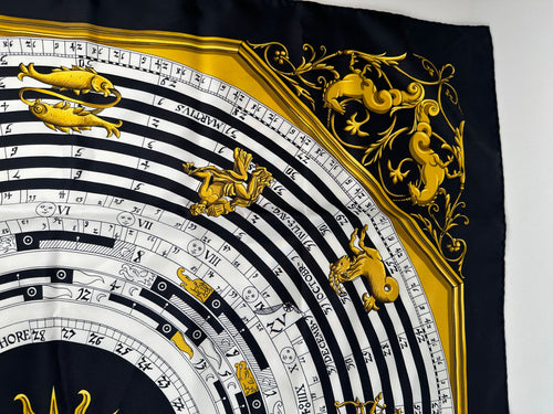 Hermes Dies Et Hore 90cm Silk Scarf Black White Gold