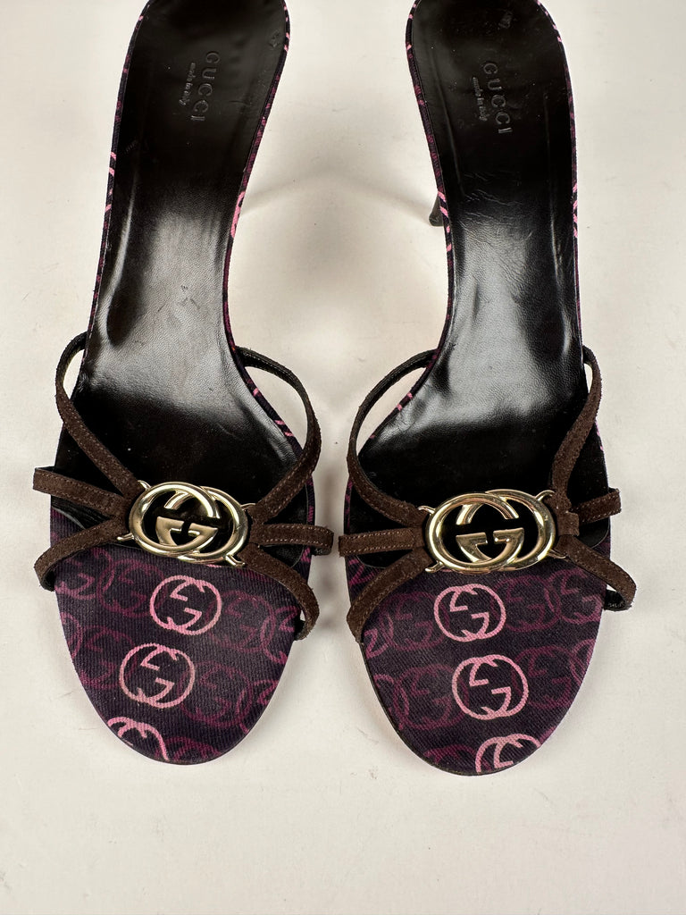 Gucci Vintage GG Logo Sandal Pump Chocolate Brown Size 11B