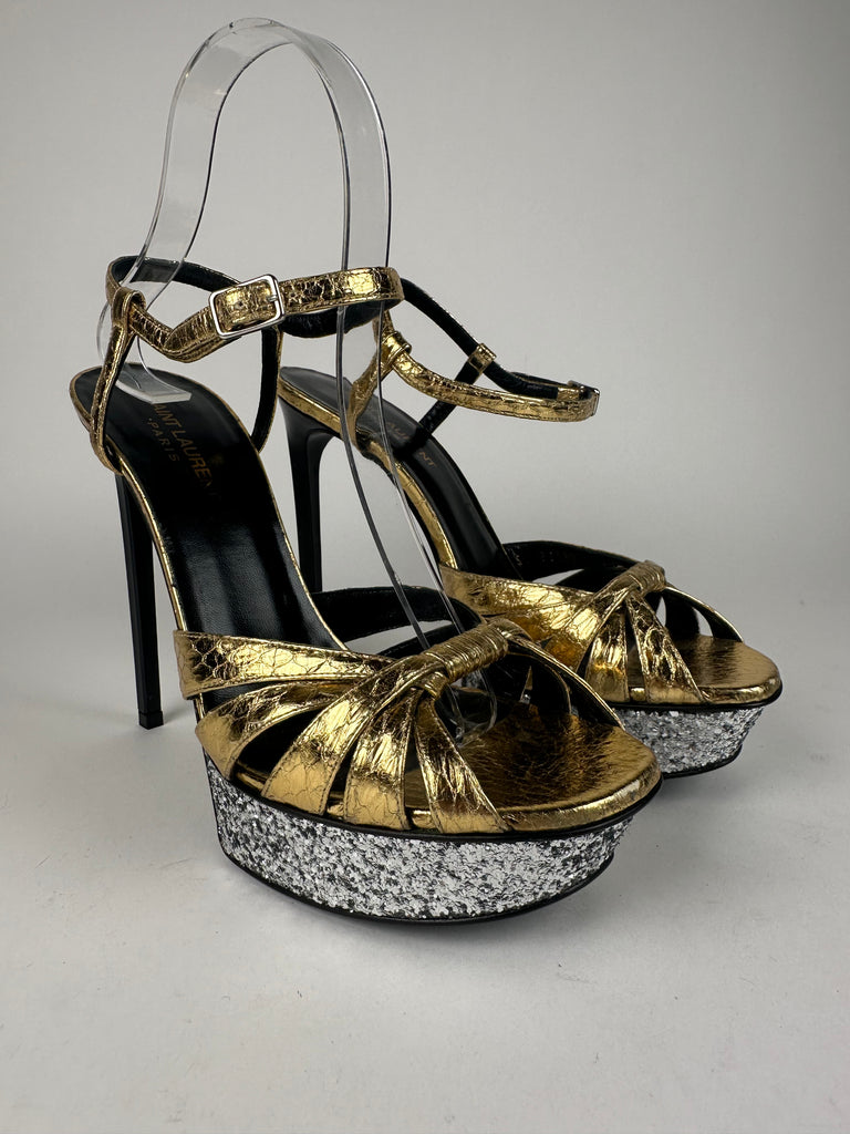 Saint Laurent Metallic Tribute 105 Platform Sandal Gold/Silver Size 39.5EU