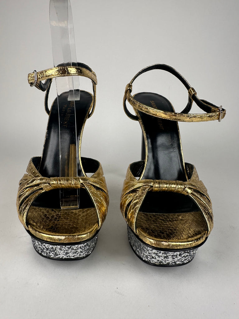 Saint Laurent Metallic Tribute 105 Platform Sandal Gold/Silver Size 39.5EU