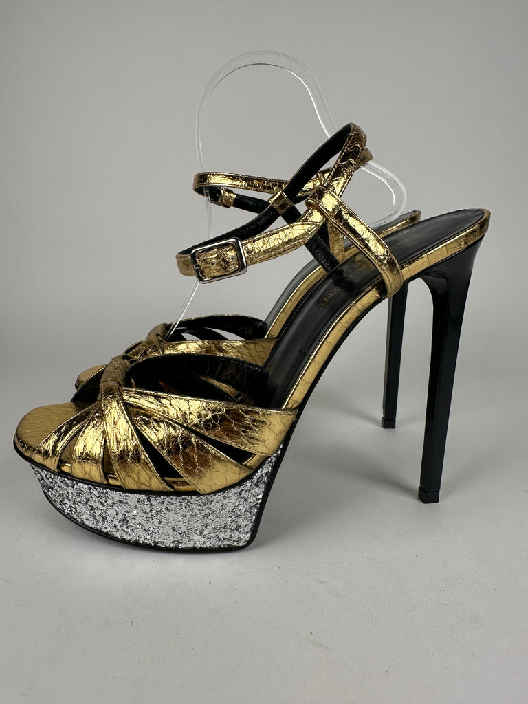 Saint Laurent Metallic Tribute 105 Platform Sandal Gold/Silver Size 39.5EU