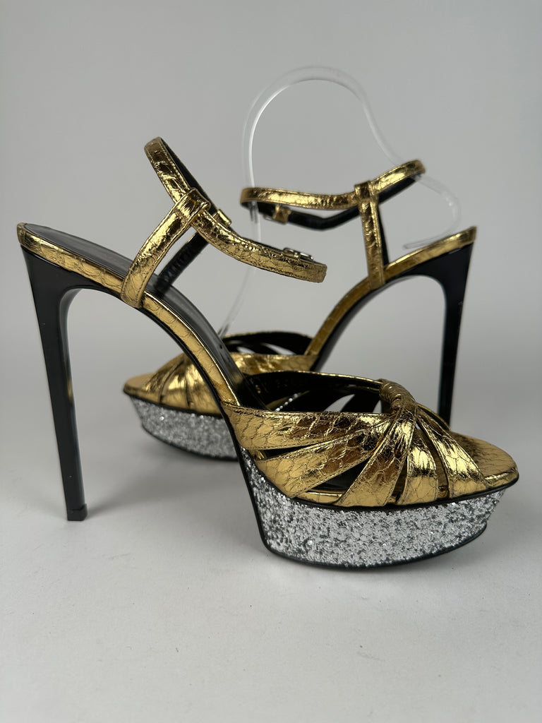 Saint Laurent Metallic Tribute 105 Platform Sandal Gold/Silver Size 39.5EU