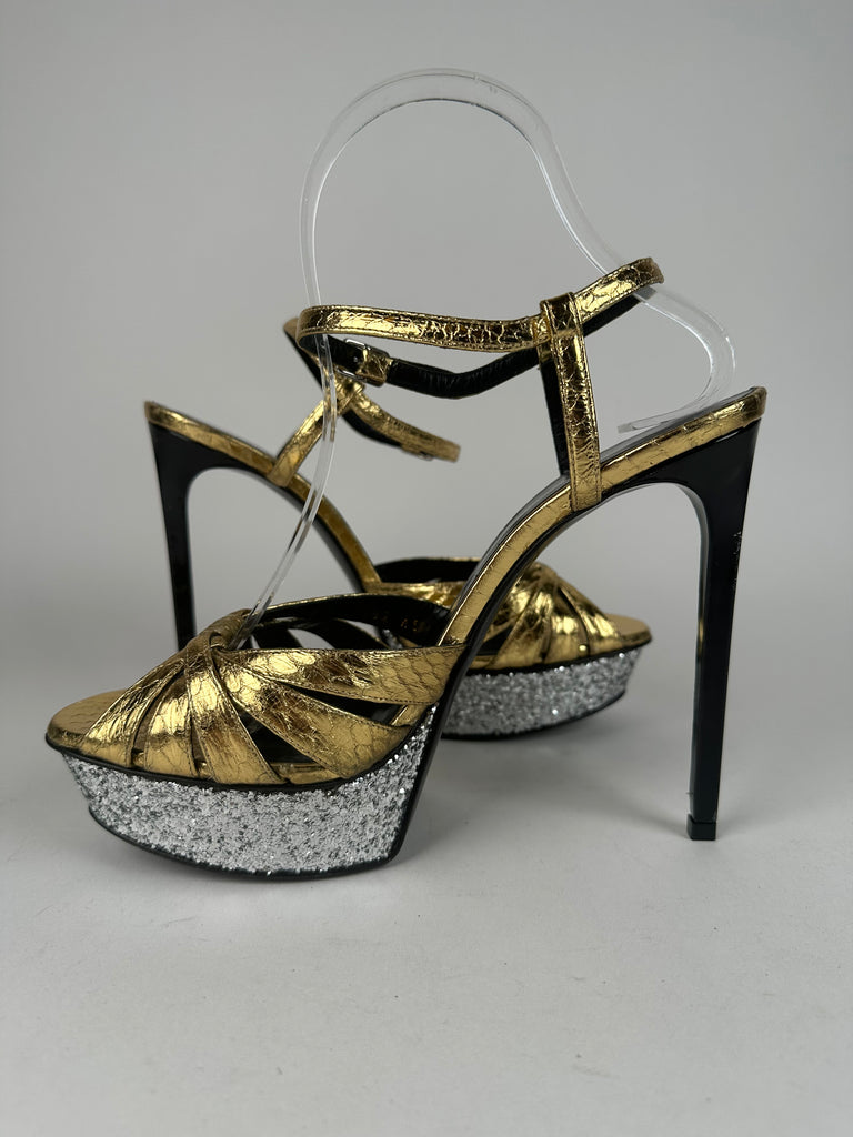 Saint Laurent Metallic Tribute 105 Platform Sandal Gold/Silver Size 39.5EU