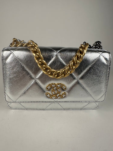 Chanel Metallic Goatskin Quilted 19 Wallet On Chain WOC Silver