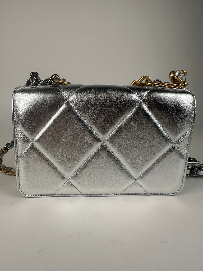 Chanel Metallic Goatskin Quilted 19 Wallet On Chain WOC Silver