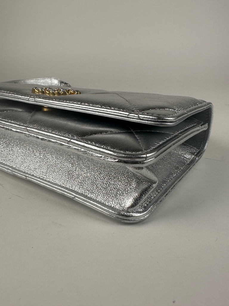 Chanel Metallic Goatskin Quilted 19 Wallet On Chain WOC Silver