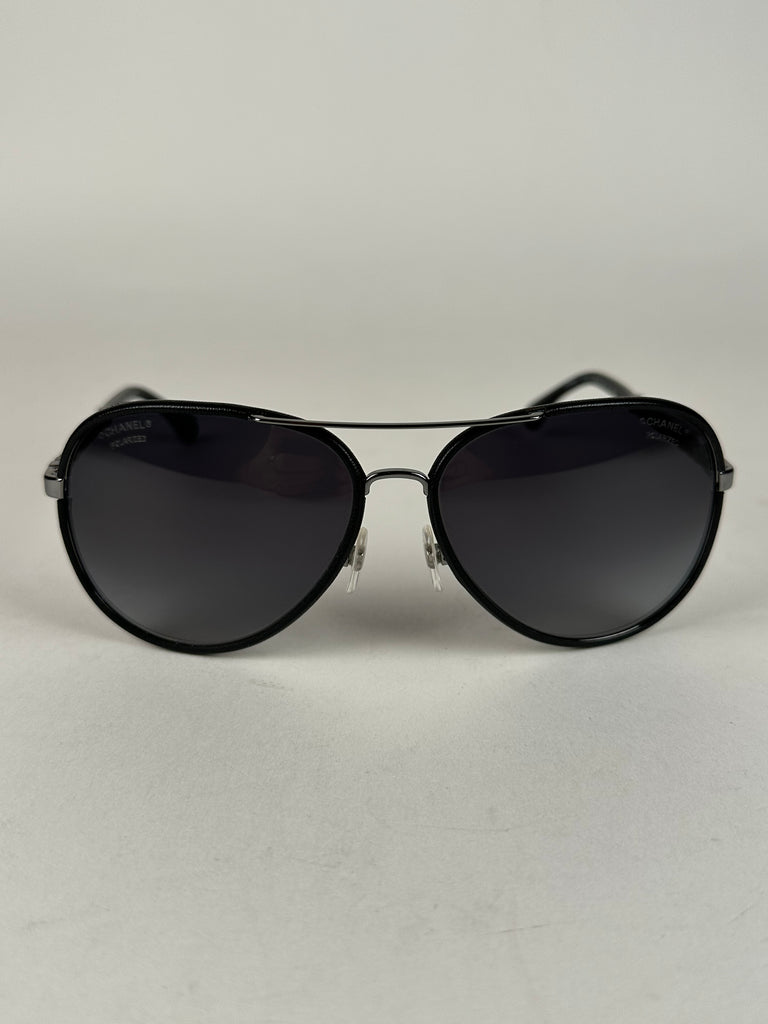 Chanel Aviator Style Sunglasses With Chain And Leather Accents Black Ruthenium