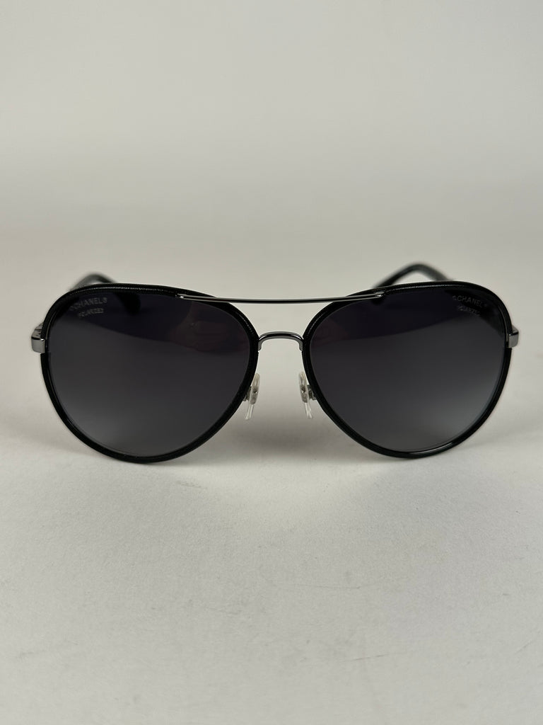 Chanel Aviator Style Sunglasses With Chain And Leather Accents Black R Sacdelux