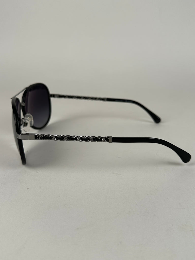 Chanel Aviator Style Sunglasses With Chain And Leather Accents Black Ruthenium