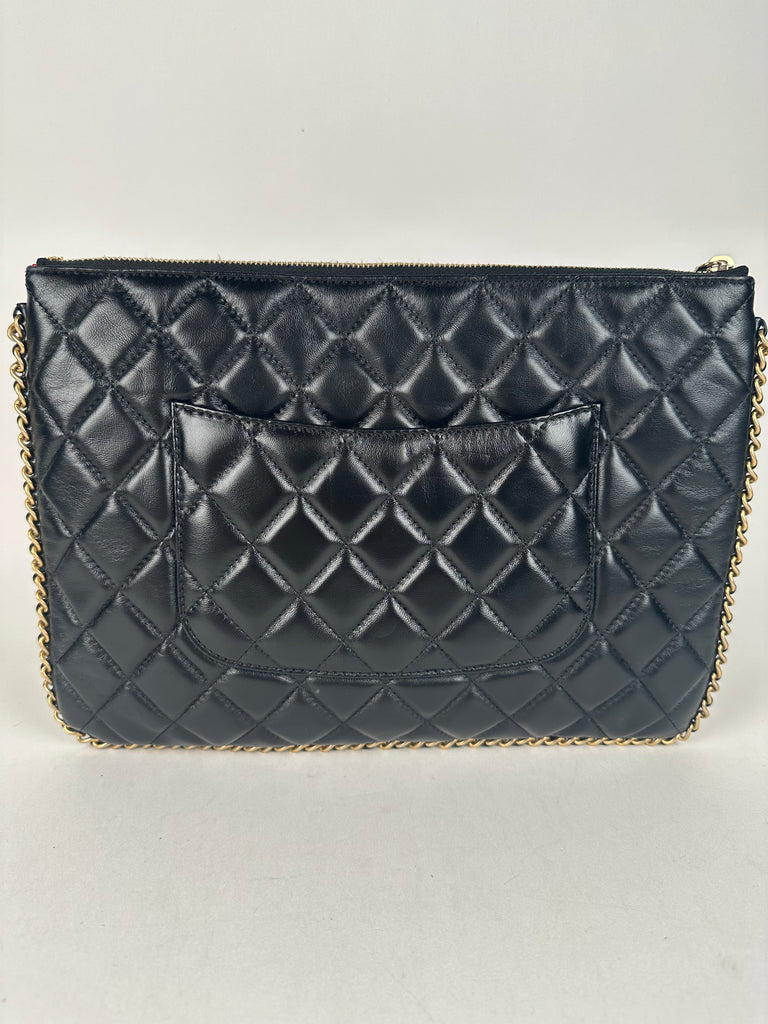 Chanel Calfskin Quilted Chain Around Cosmetic O-Case Clutch Black