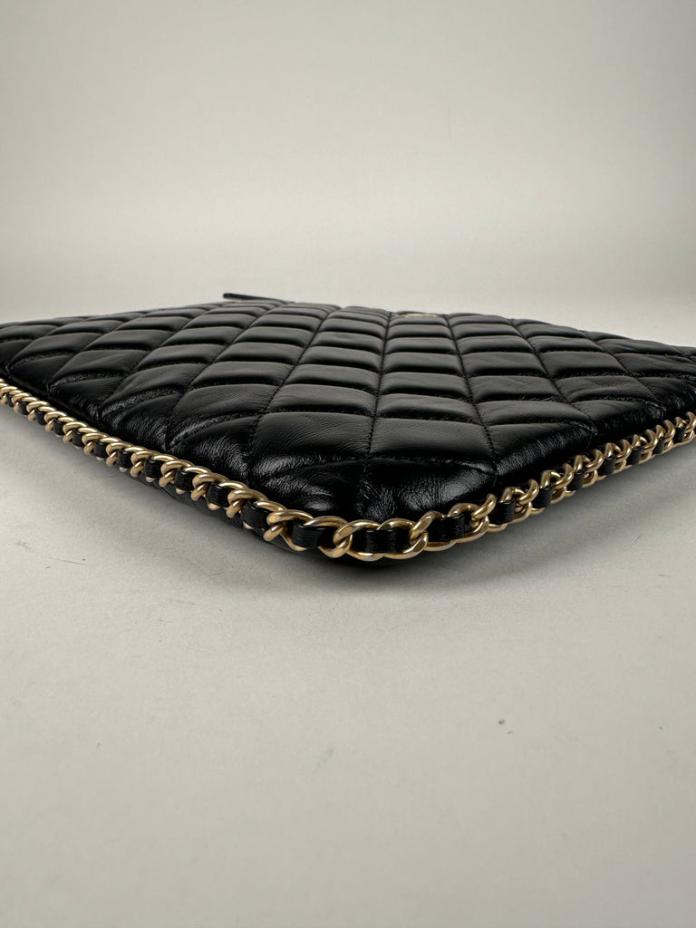 Chanel Calfskin Quilted Chain Around Cosmetic O-Case Clutch Black