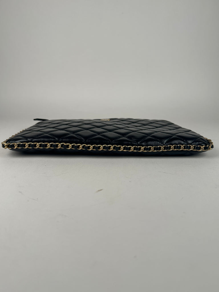 Chanel Calfskin Quilted Chain Around Cosmetic O-Case Clutch Black