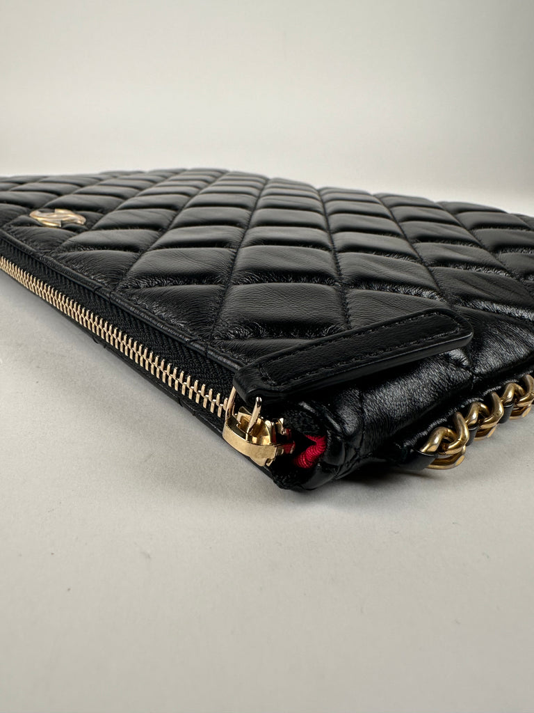 Chanel Calfskin Quilted Chain Around Cosmetic O-Case Clutch Black