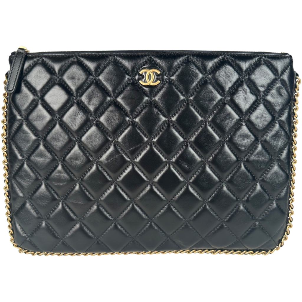 Chanel Calfskin Quilted Chain Around Cosmetic O-Case Clutch Black