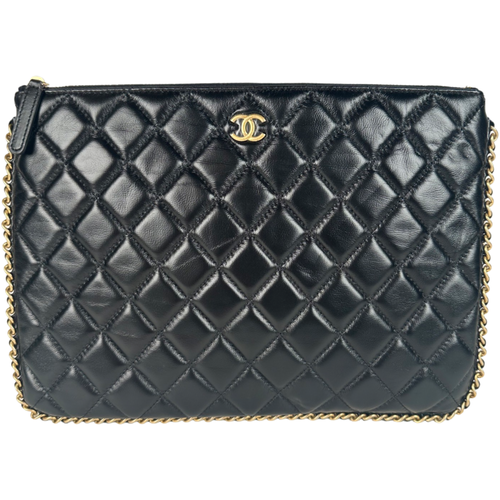 Chanel Calfskin Quilted Chain Around Cosmetic O-Case Clutch Black
