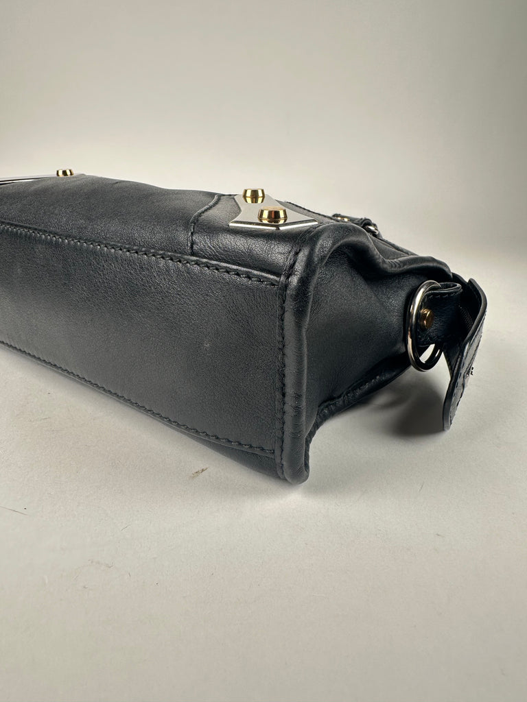 Balenciaga Front Plate Flat Studs Leather Mini City Bag Black